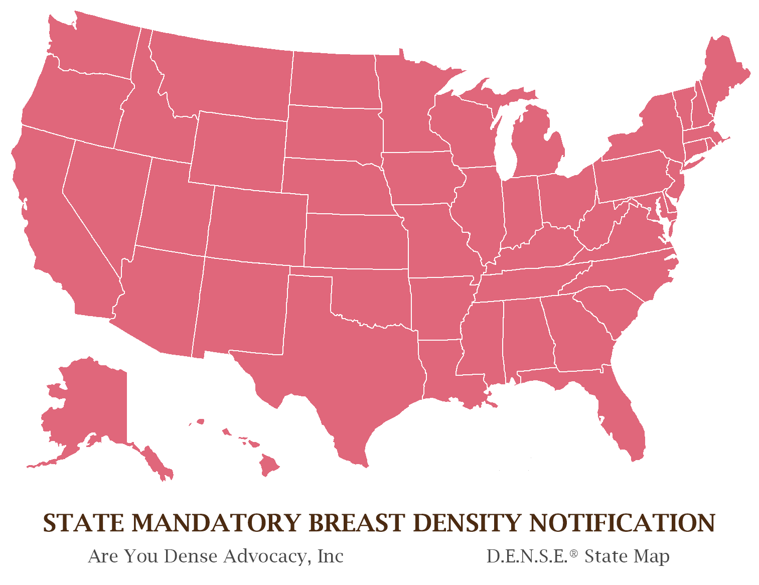 D.E.N.S.E. state map with every state shaded pink for mandatory breast density notification