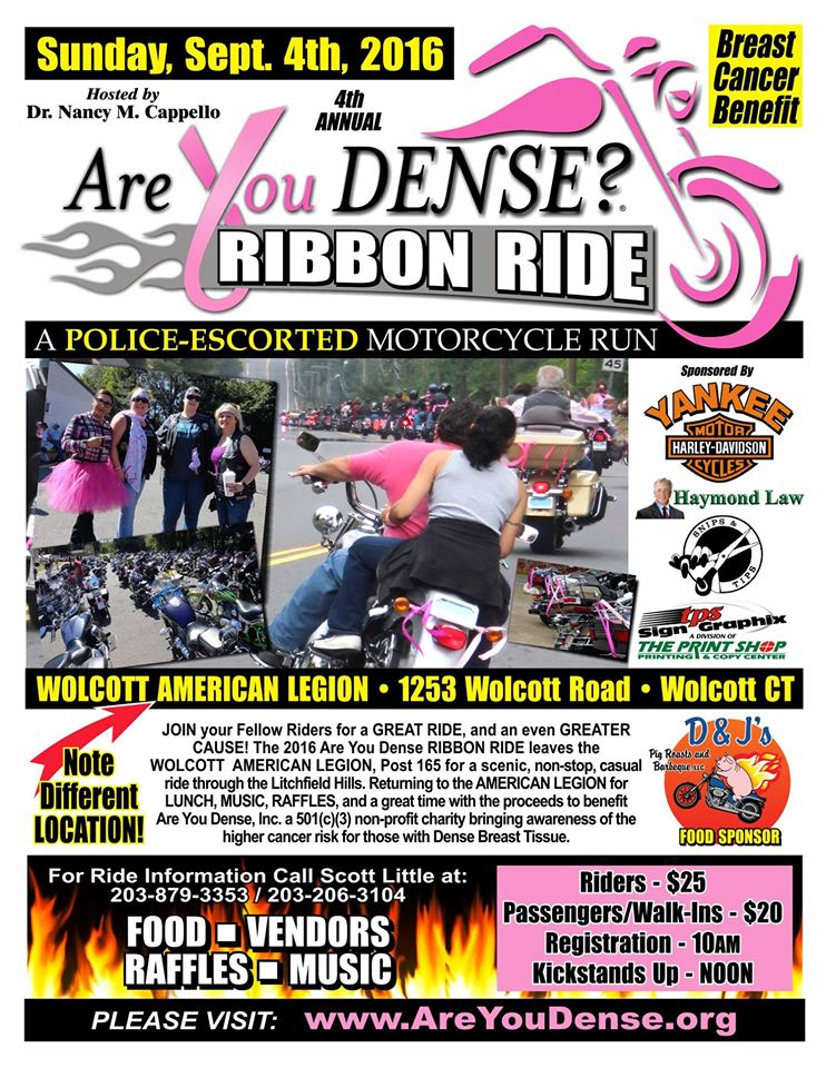 Flyer: 4th annual Are You Dense? Ribbon Ride, Sunday, Sept. 4, 2016, a police-escorted run from Wolcott American Legion