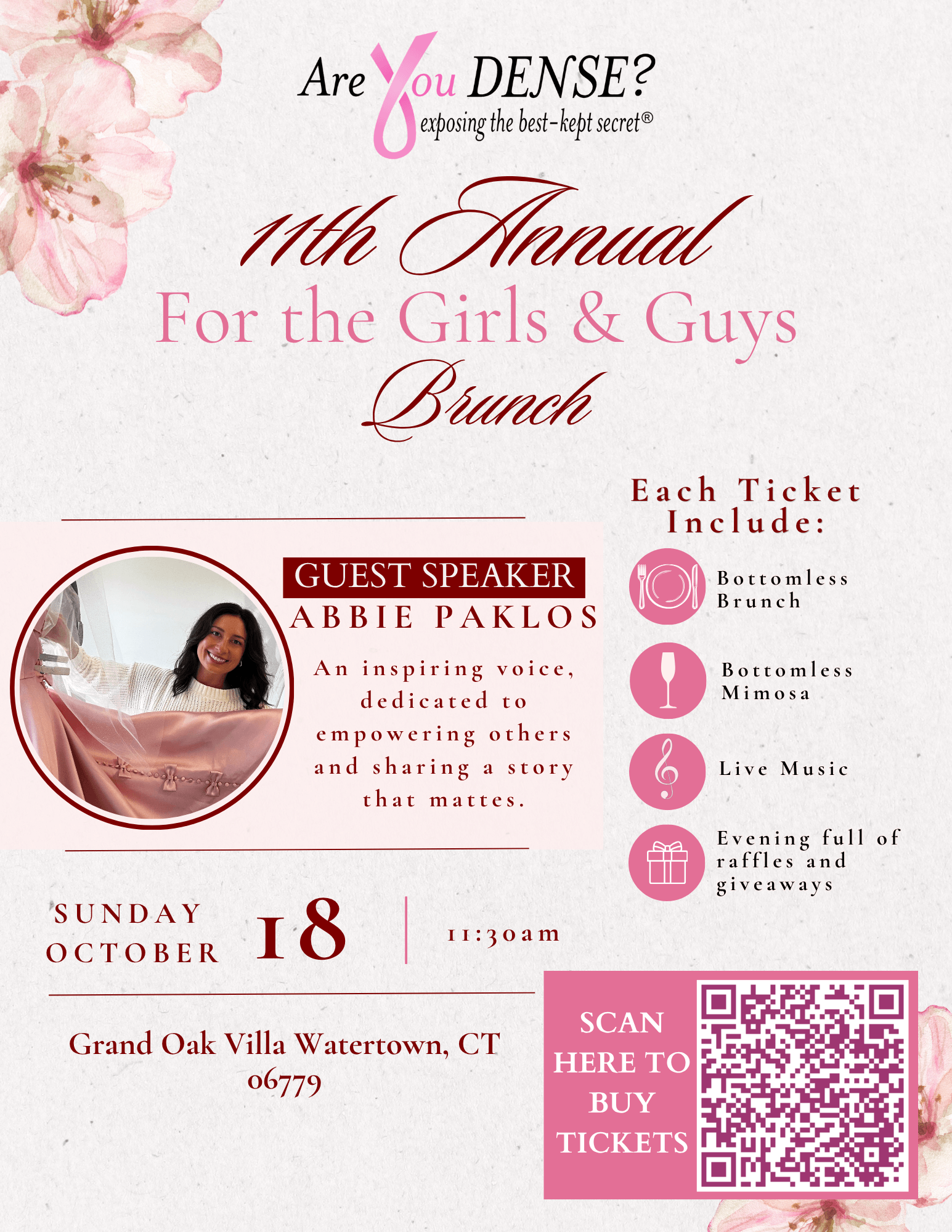 11th Annual For the Girls & Guys Brunch, Sunday, October 18, 2026, 11:30am, Grand Oak Villa, Watertown, CT, with guest speaker Abbie Paklos. Buy tickets on Eventbrite (opens in a new tab)