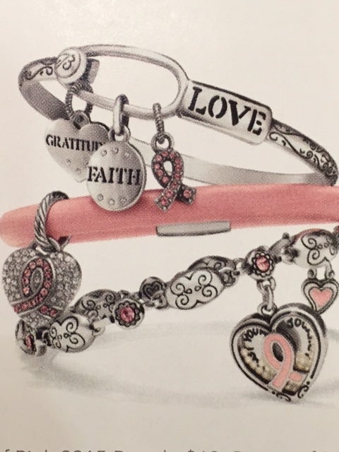 Brighton Power of Pink bracelets with Love, Gratitude and Faith charms and pink ribbon hearts