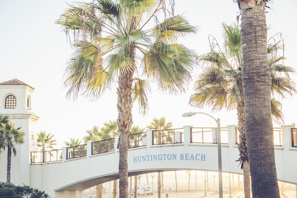 Palm trees and the Huntington Beach pier arch