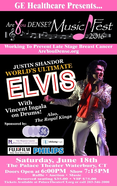 MusicFest 2016 poster: Justin Shandor, World's Ultimate Elvis, with Vincent Ingala on drums, Saturday, June 18, Palace Theater