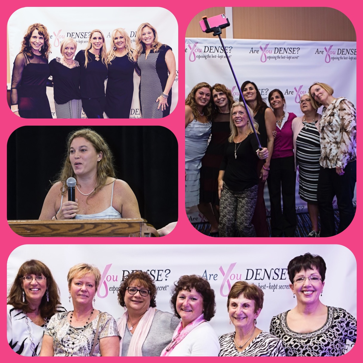 Collage of women posing and taking selfies at the Are You Dense? backdrop, and a speaker at the microphone