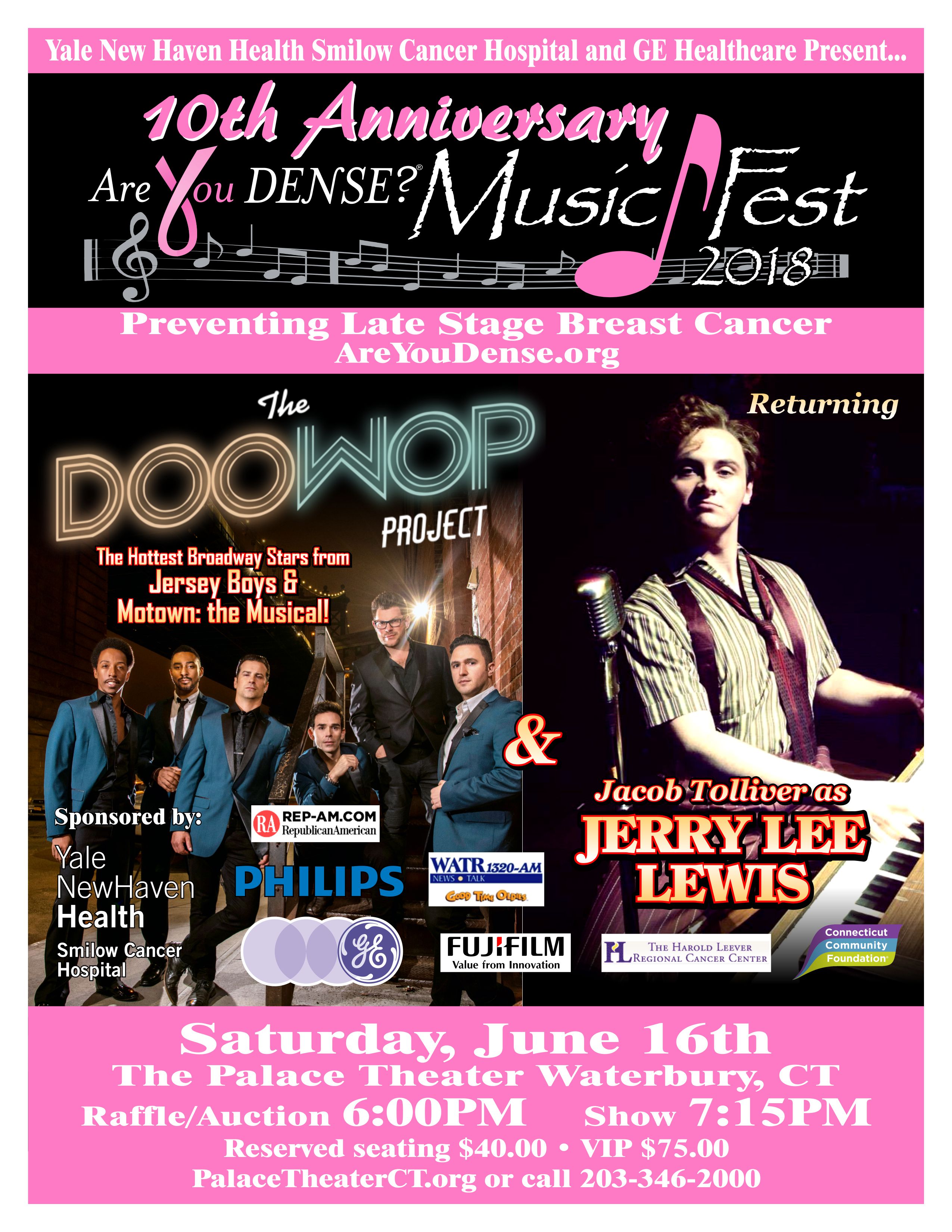 MusicFest 2018 poster: The Doo Wop Project and Jacob Tolliver as Jerry Lee Lewis, Saturday, June 16, Palace Theater