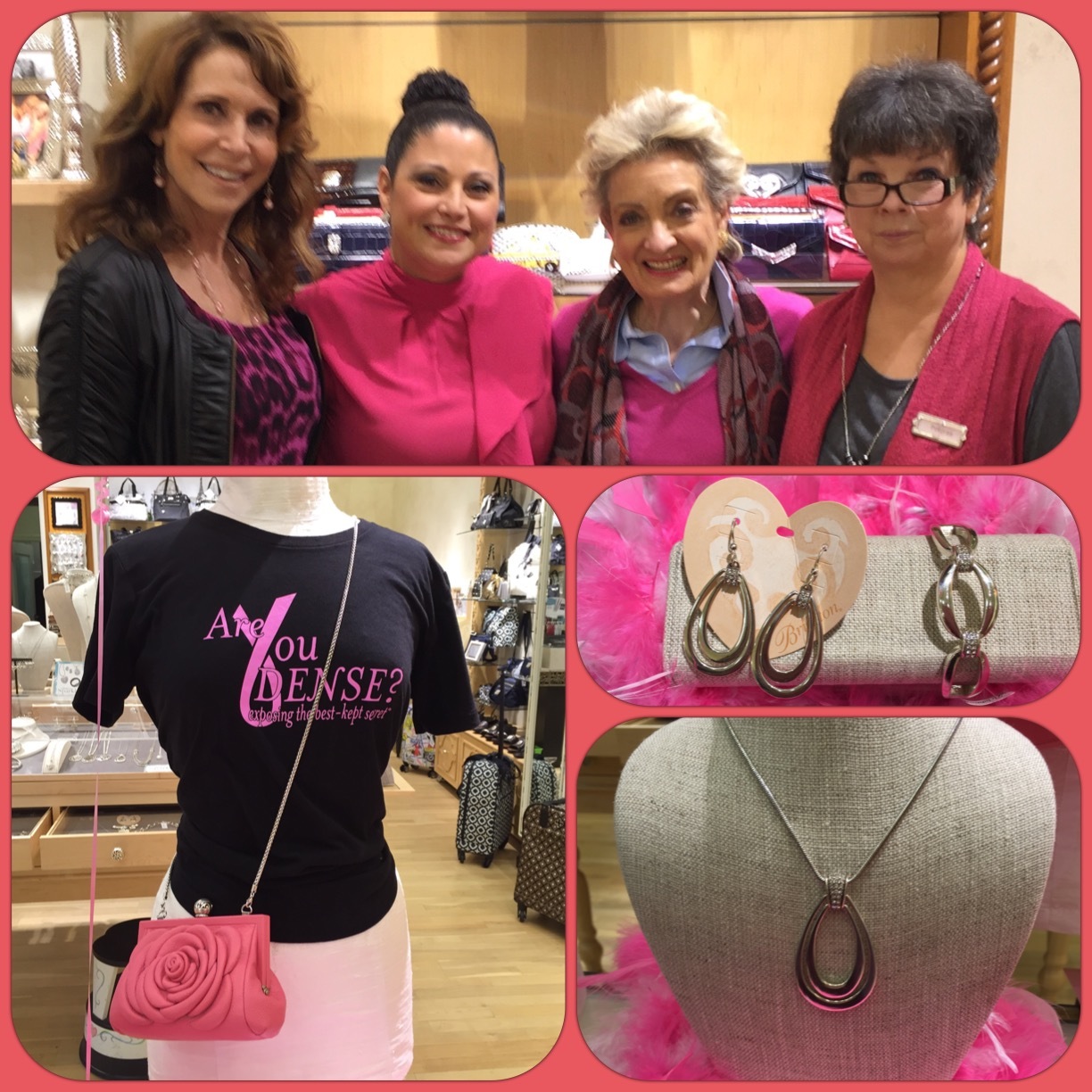Dr. Cappello with Brighton staff in the store, with an Are You Dense? T-shirt, pink handbag and Brighton jewelry