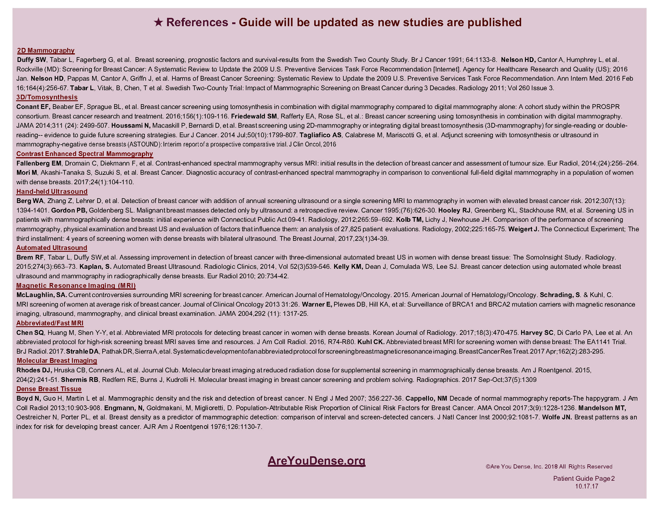 Page 2 of the Handy Patient Guide: research references for each screening test