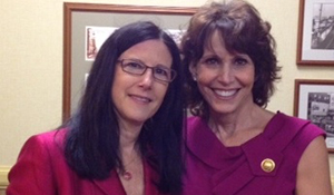 Sharon and a friend, both in pink