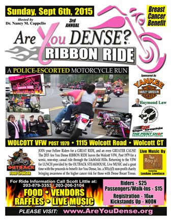 Flyer: 3rd annual Are You Dense? Ribbon Ride, Sunday Sept. 6, 2015, a police-escorted run from Wolcott VFW Post 1979